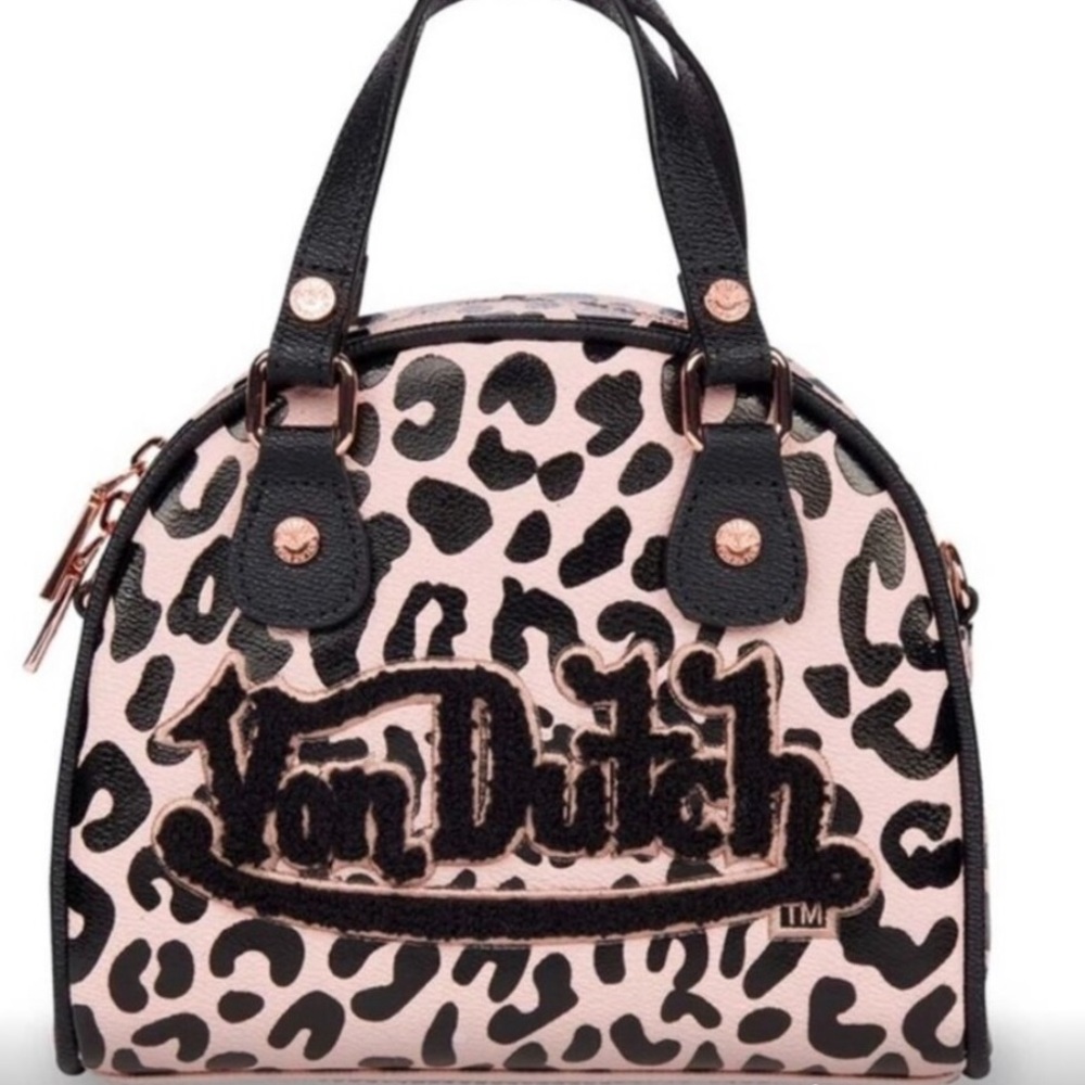 Von Dutch Leopard Print Satchel Bowling Bag - Black and Pink NIB